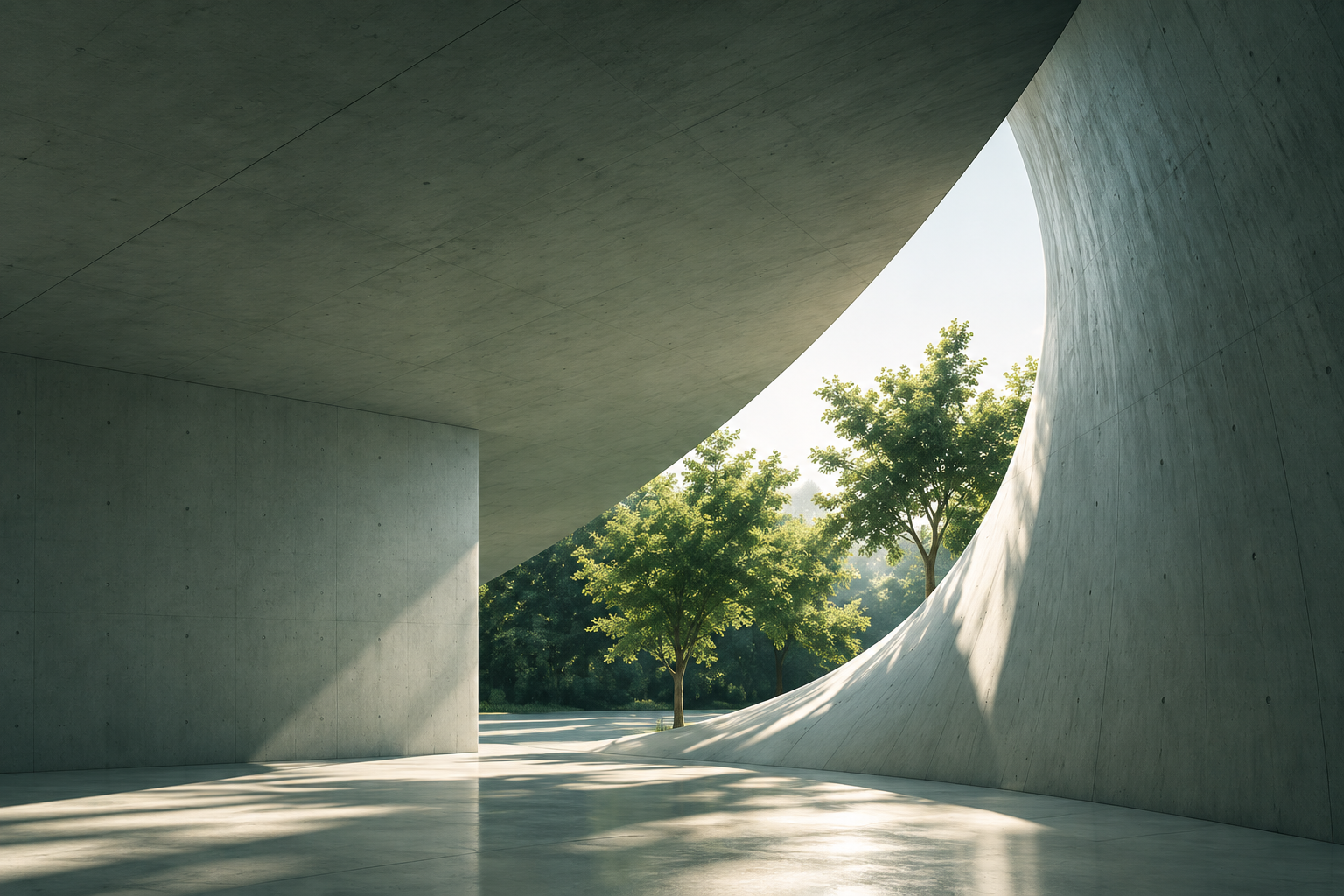 Concrete architecture opening toward trees and sunlight